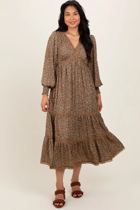 Women's Elegant Apparel Mocha Floral Lace Trim Bubble Sleeve Maxi Dress