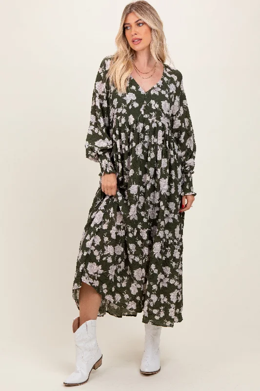 Women's Chic Apparel Olive Floral Textured Bubble Sleeve Maxi Dress