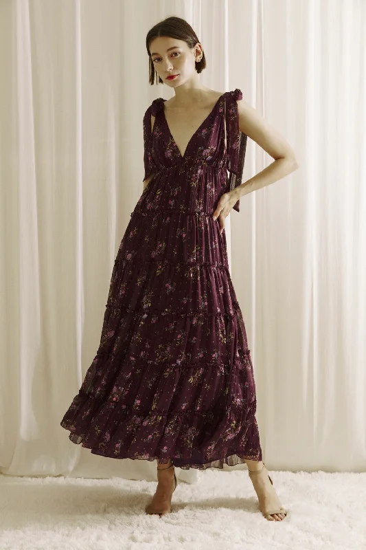 Affordable Luxury Women's Apparel Plum Floral Tiered Shoulder Tie Maxi Dress