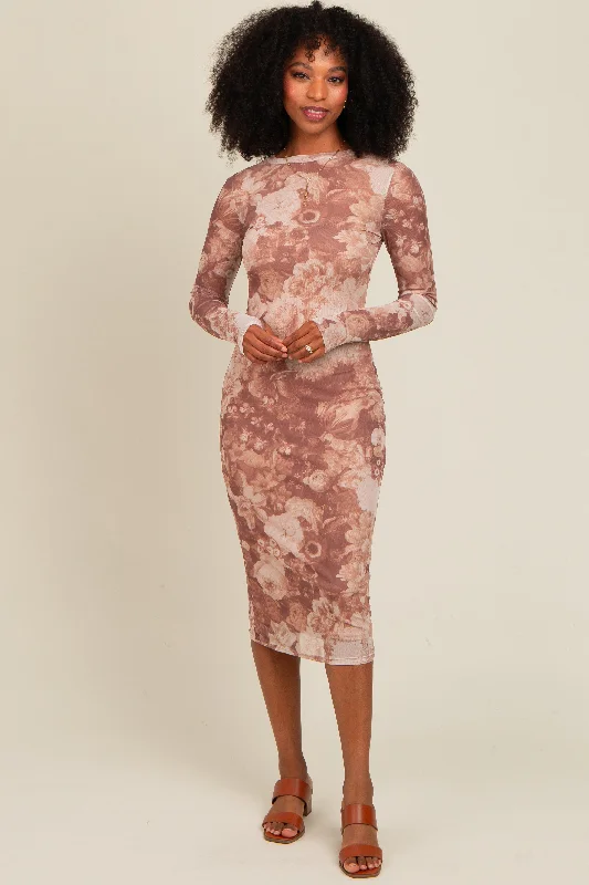 Stylish Women's Outerwear Apparel Rust Floral Mesh Overlay Fitted Midi Dress