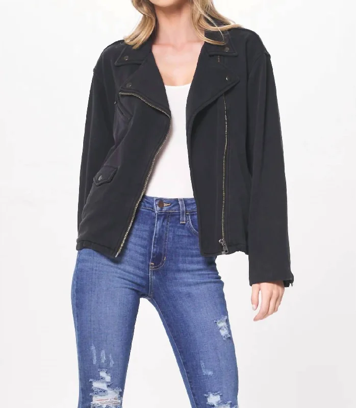 Women's Elegant Outfit Garment Dye Moto Jacket In Black