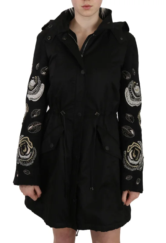 Fashion-forward Women's Clothing John Richmond Floral Sequined Beaded Hooded Jacket Women's Coat