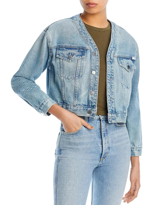 Eclectic Fashion Womens Collarless Cropped Denim Jacket