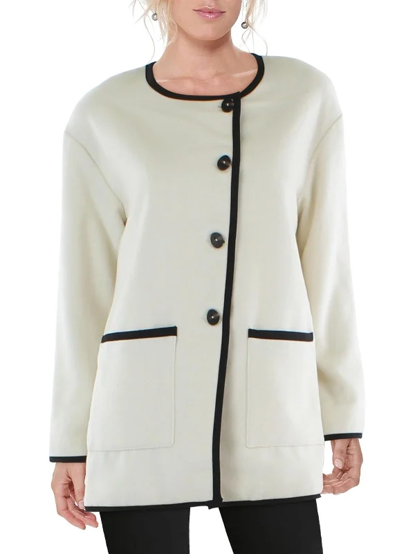 Fashion Essentials Womens Contrast Trim Fleece Pea Coat