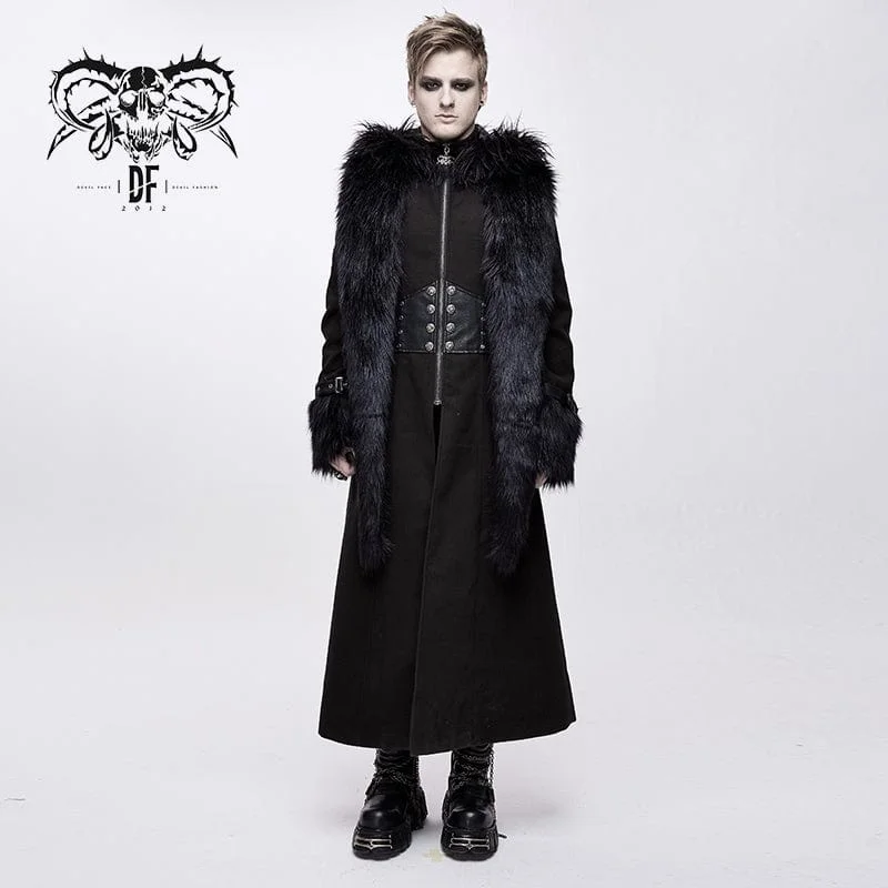 Affordable Women's Clothing Sale Online Men's Goth Fur Collar Hooded Woolen Overcoat