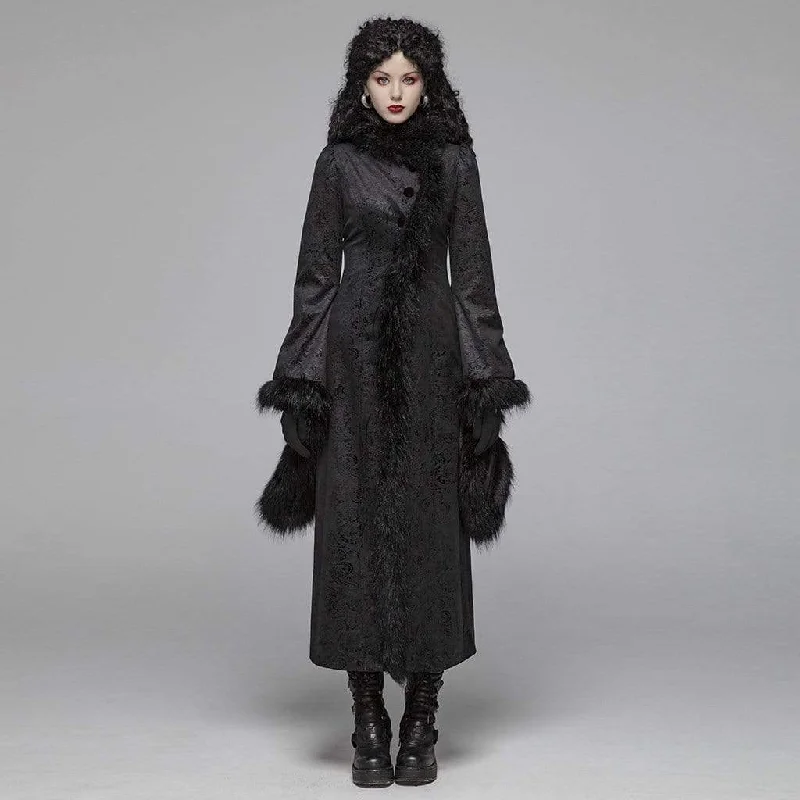 Shop Ladies Clothes Women's Goth Jacquard Flare Sleeved Woolen Maxi Overcoat With Fur Collar