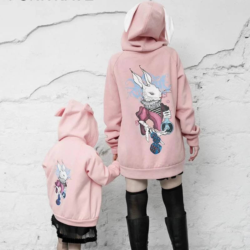 Flash Sales This Week Women's Grunge Bunny Printed Long Coats With Rabbit Ear Hood