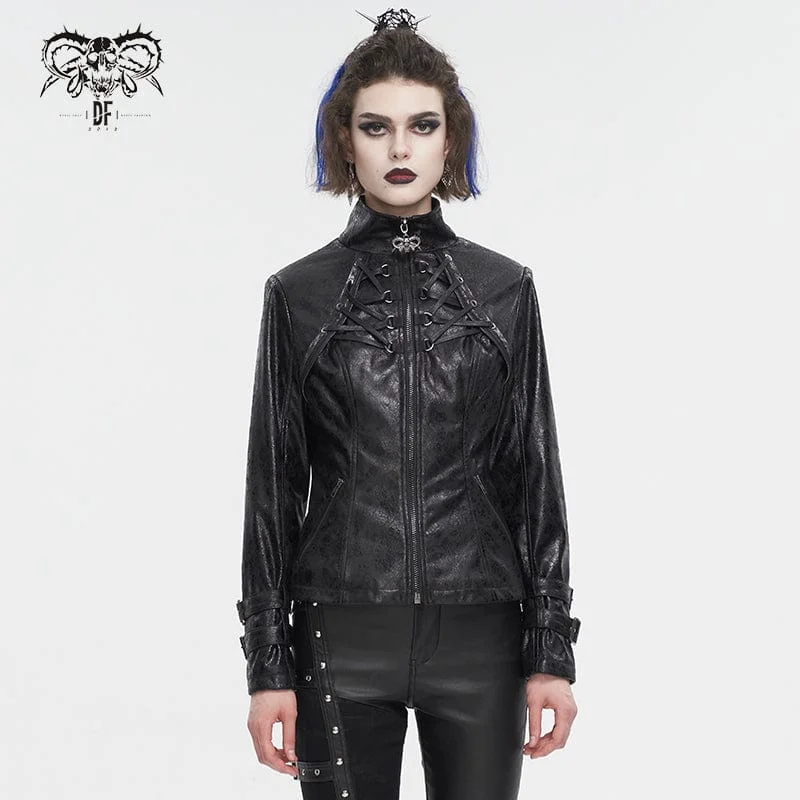 Vintage-Inspired Garments Women's Punk Stand Collar Crackled Buckle Jacket