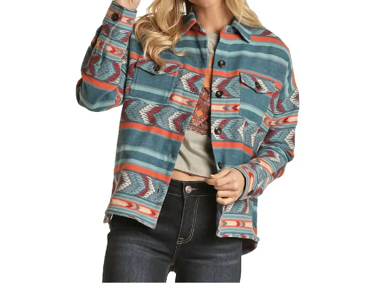 Latest Fashion Women's Shacket Shirt Jacket In Blue Coral Burgundy Print